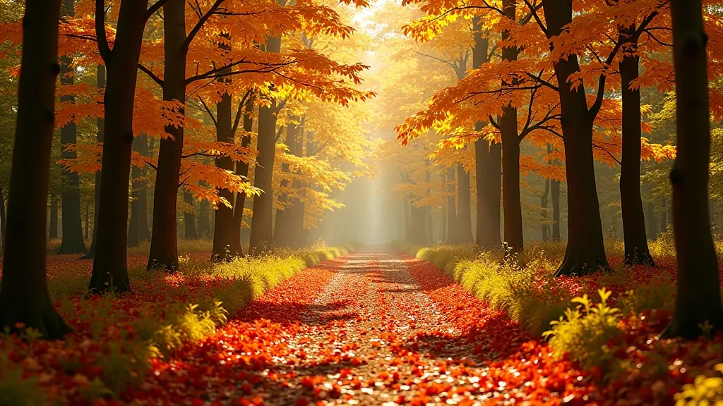 Forest path in autumn with golden and red fallen leaves covering the ground, sunlight streaming through colorful canopy, peaceful woodland walk