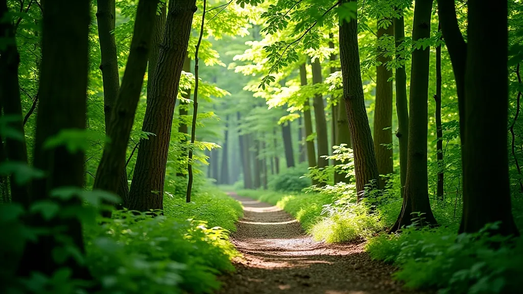 Hiking trail winding through green forest with light filtering through tree canopy