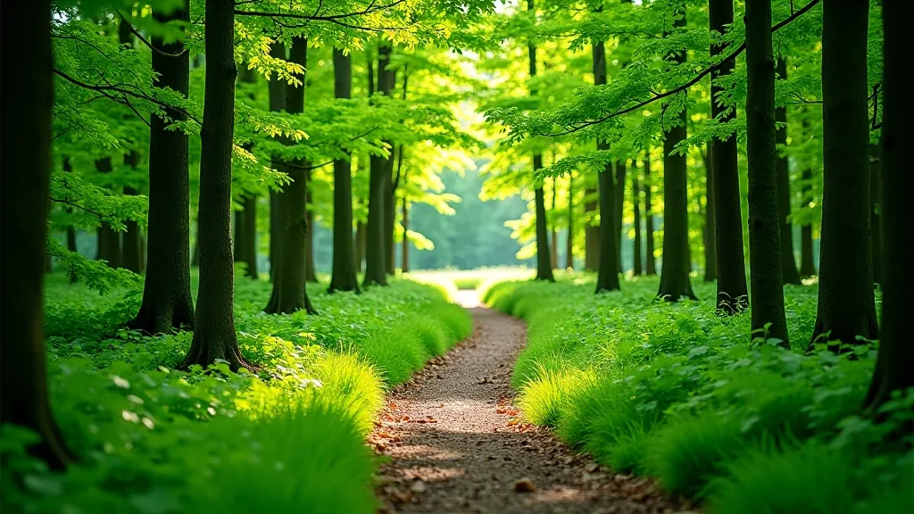 Forest trail winding through green beech trees in Gauja Valley with dappled sunlight filtering through canopy
