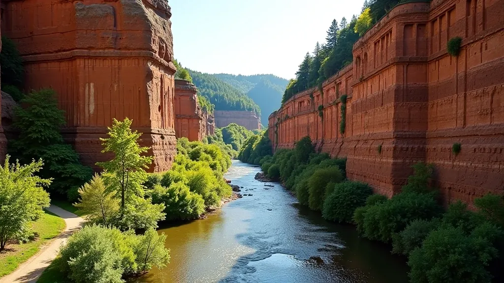 Gauja River gorge with distinctive red sandstone cliff formations