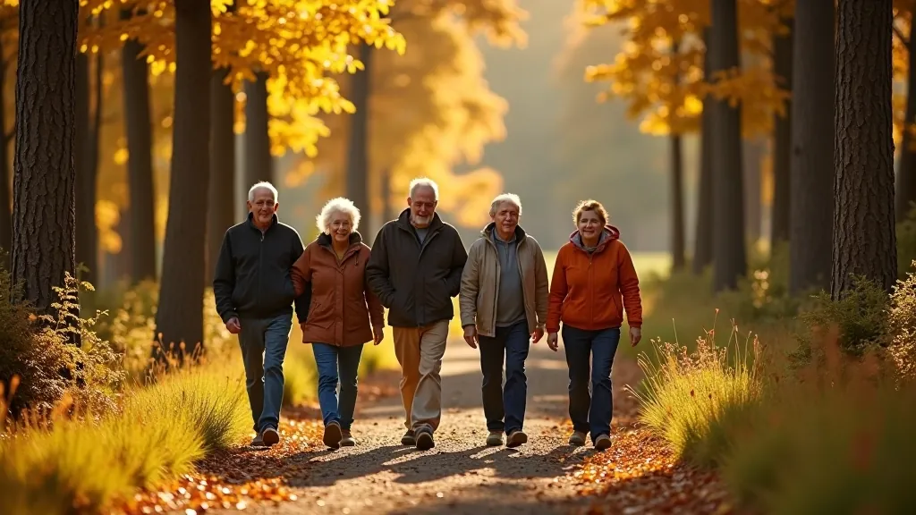 Group of older adults walking on a forest trail with autumn leaves