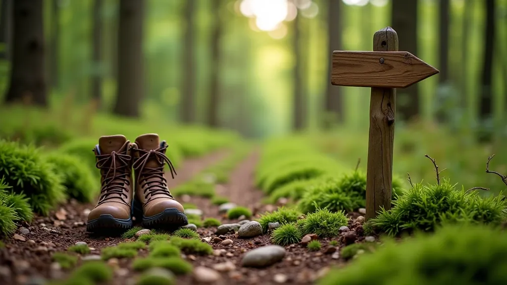 Walking boots on forest trail with directional marker sign in natural setting