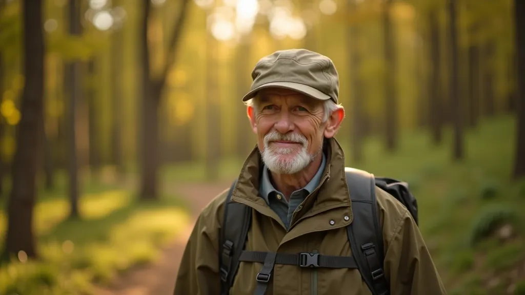 Older adult hiking on forest trail, wearing comfortable outdoor clothing, enjoying natural surroundings
