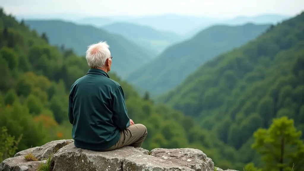 Two hikers resting on rocky outcrop overlooking forested valley landscape