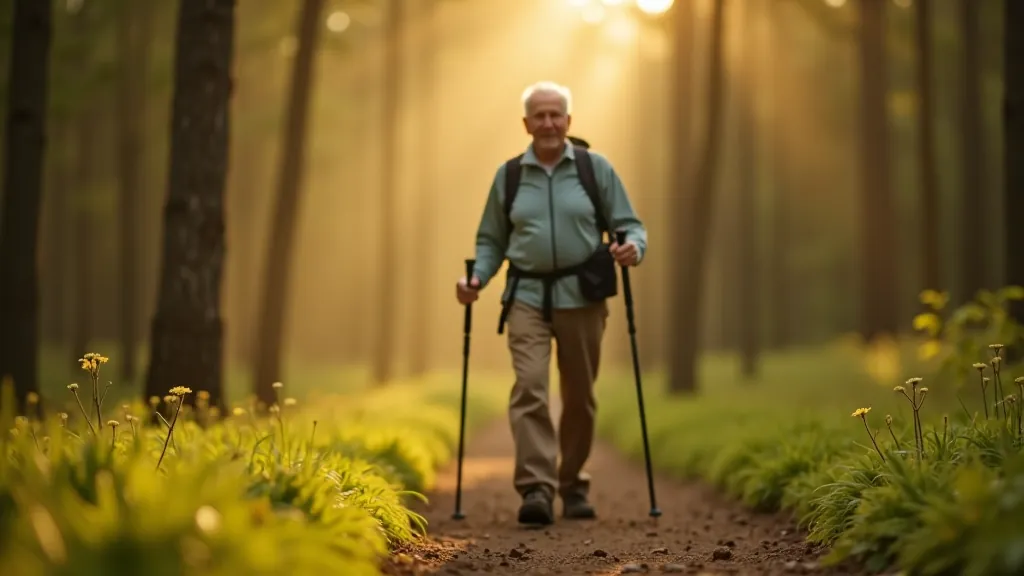 Older adult hiker smiling while walking on a forest trail with walking poles, wearing layers, sunlight filtering through trees