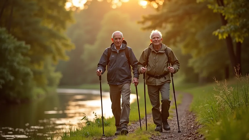 Two older adults hiking together on forest path with backpacks