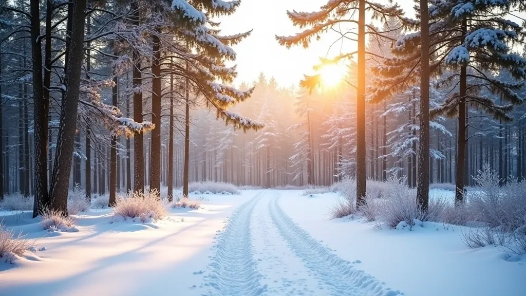 Winter forest landscape with snow-covered branches and evergreen trees