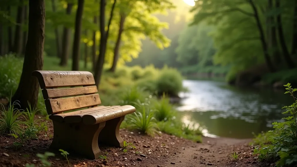 Wooden rest bench positioned on forest trail overlooking the river, surrounded by green vegetation and forest, peaceful natural setting