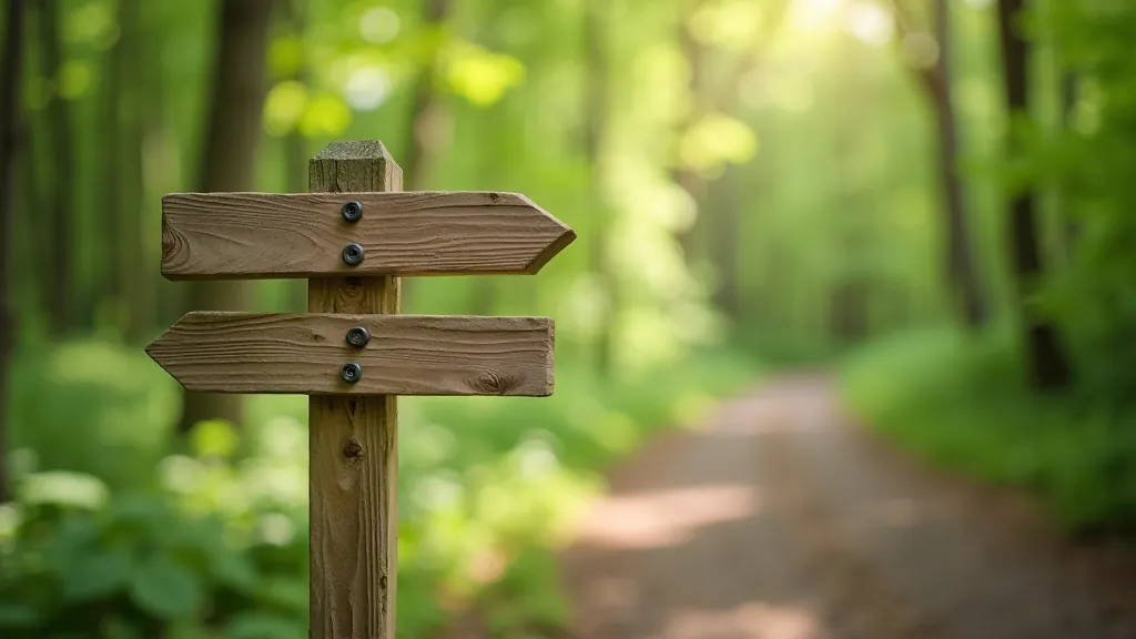 Wooden directional marker sign on forest hiking trail